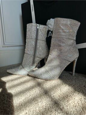 Akira Chicago Silver Crystal Stiletto Ankle Boots